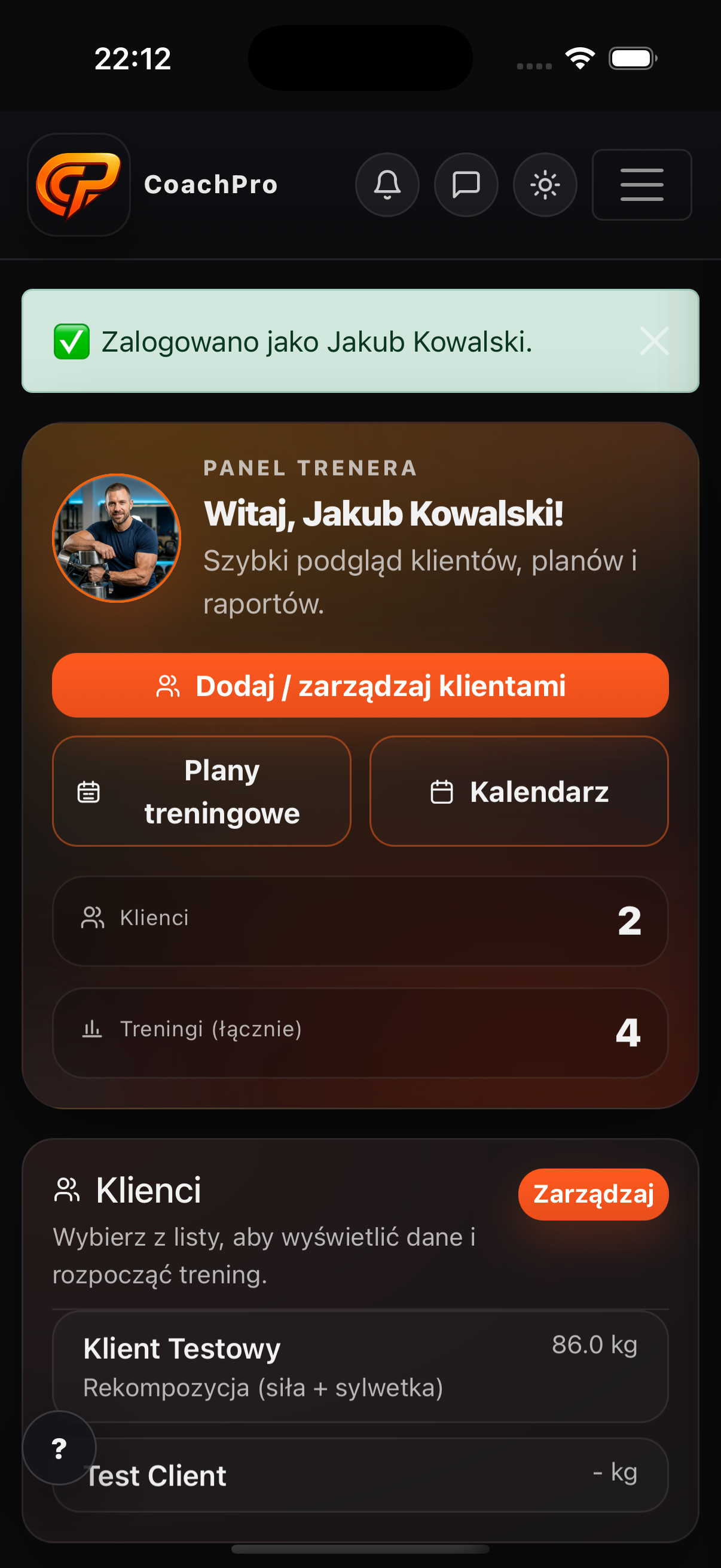 CoachPro - podgląd aplikacji na telefonie