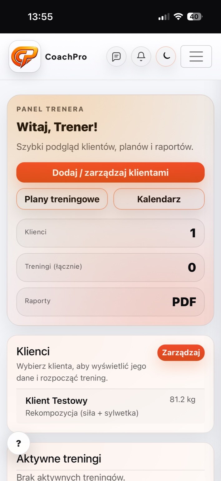 CoachPro - podgląd aplikacji na telefonie