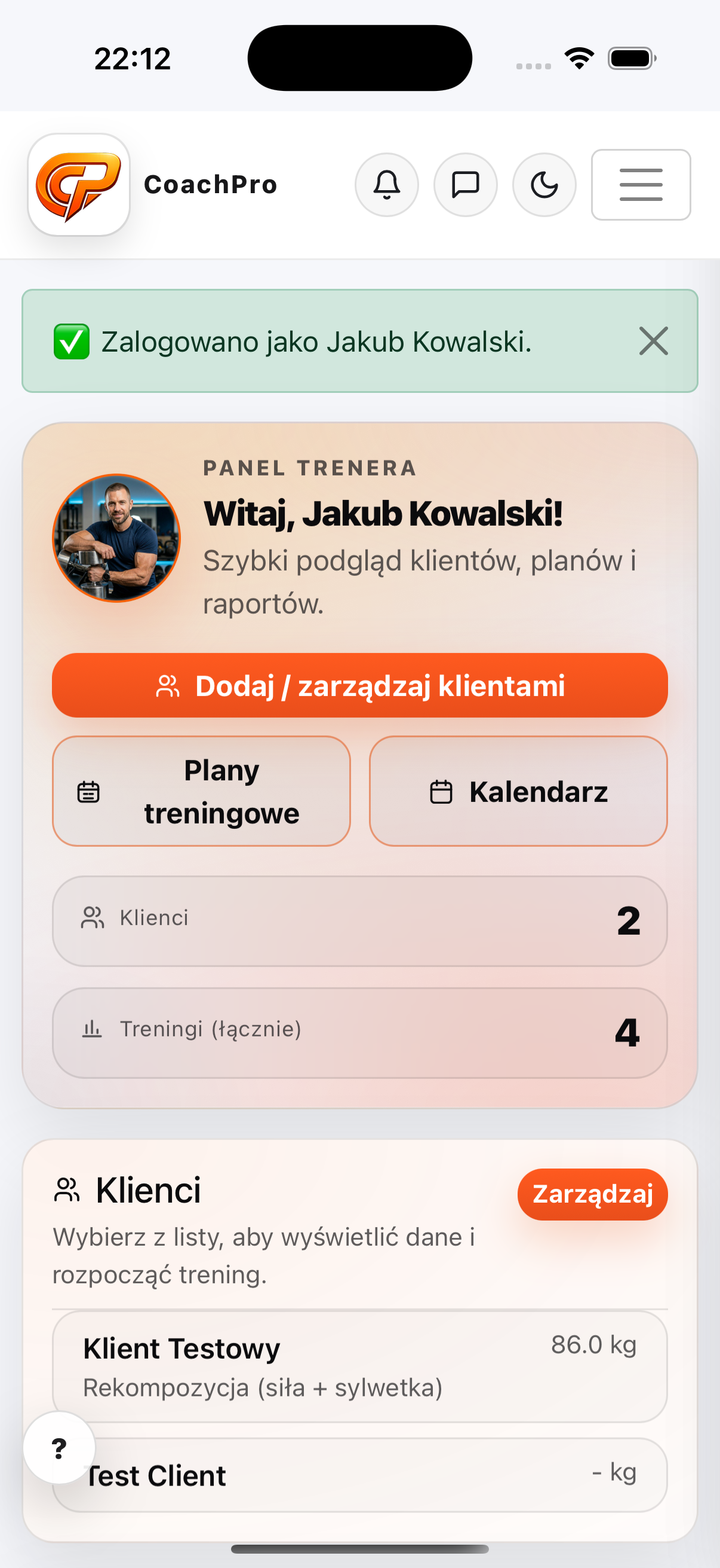 CoachPro - podgląd aplikacji na telefonie